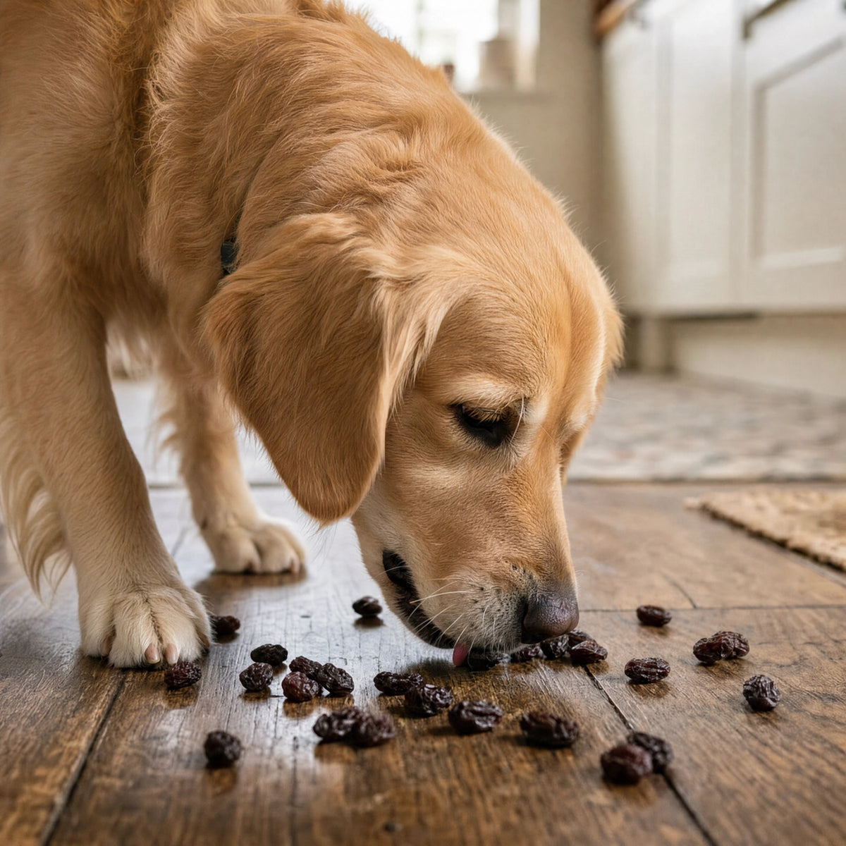 A dog about to eat raisins from the floor — a common toxic ingestion