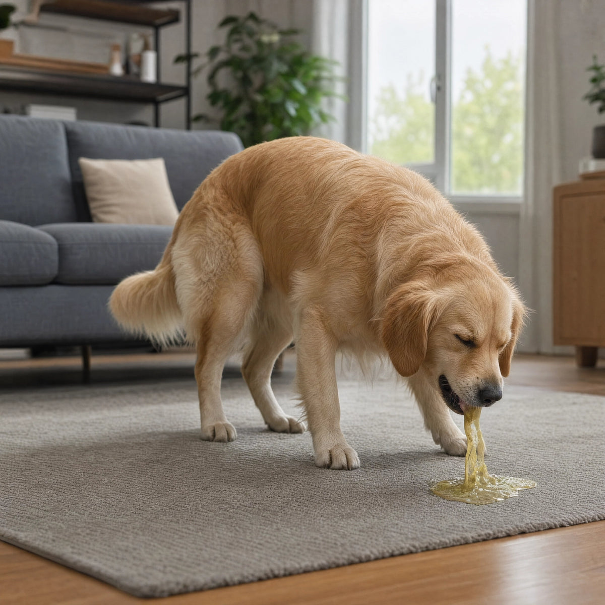 A distressed dog vomiting after being given hydrogen peroxide
