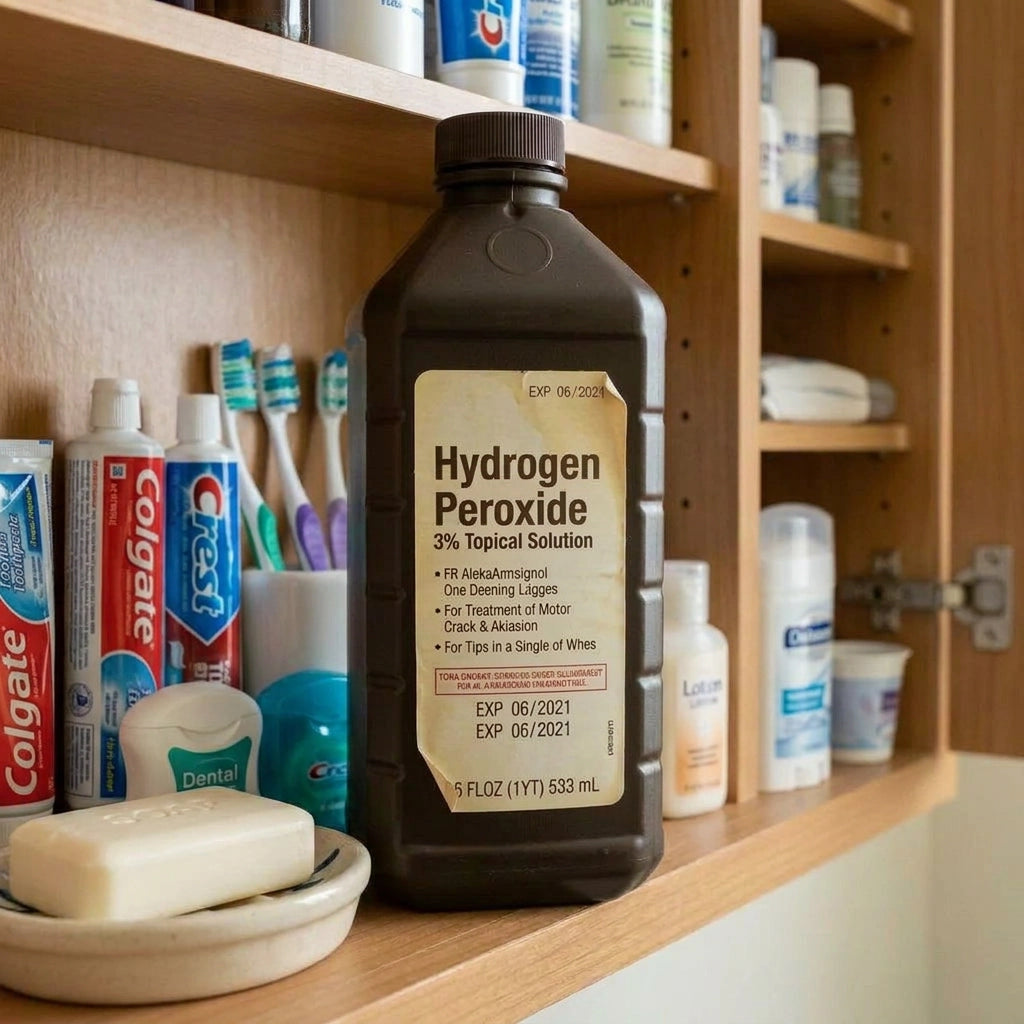 An old hydrogen peroxide bottle on a household shelf, likely expired