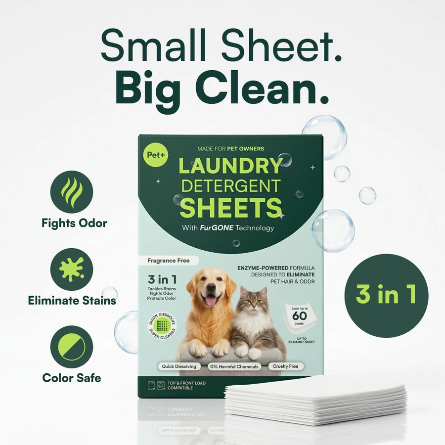 Pet+ laundry detergent sheets dissolve in hot or cold, top- and front-load washer safe