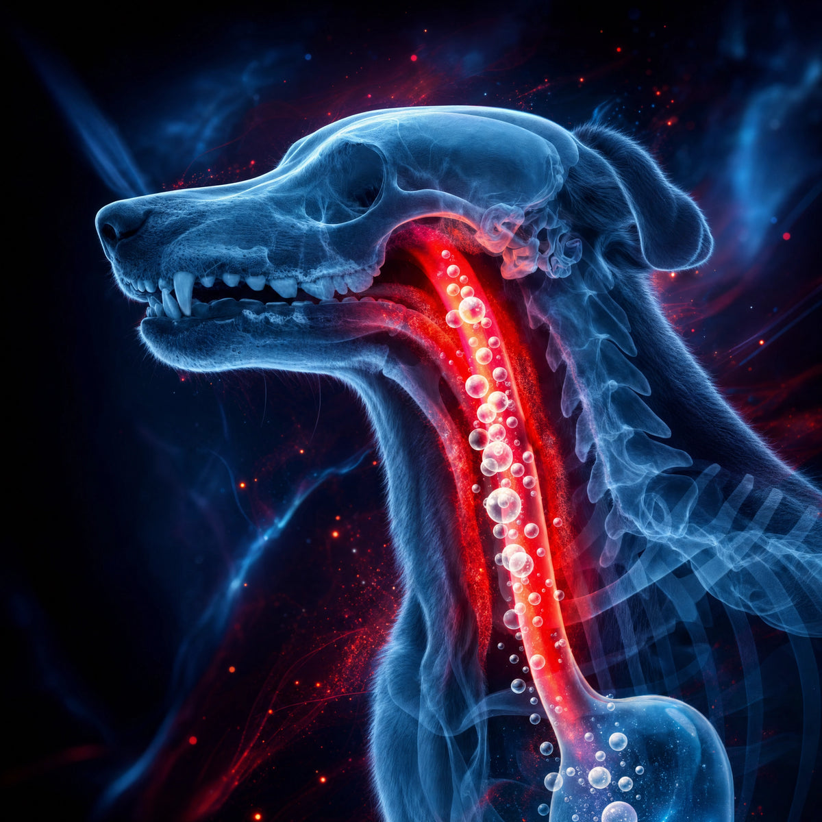 Veterinary X-ray illustrating internal damage caused by chemical burns