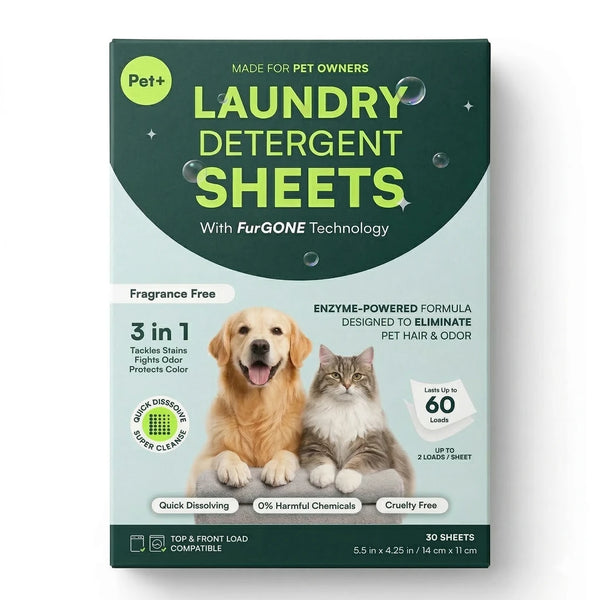 Pet+ Laundry Detergent Sheets box — fragrance-free, lifts pet hair & odor, 60 loads