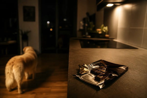 An empty dark chocolate wrapper on a kitchen counter at night