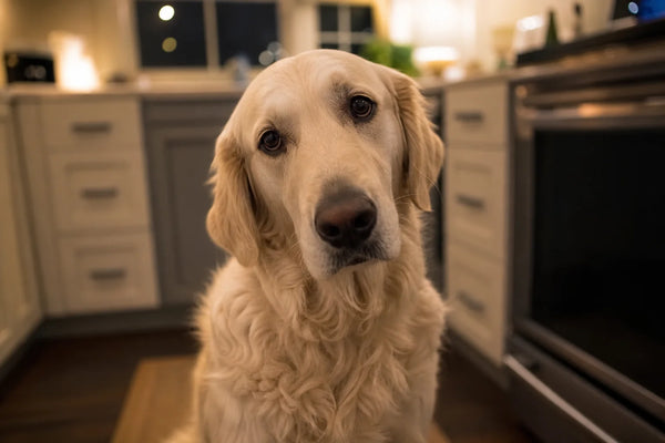 A golden retriever looking up with concerned eyes