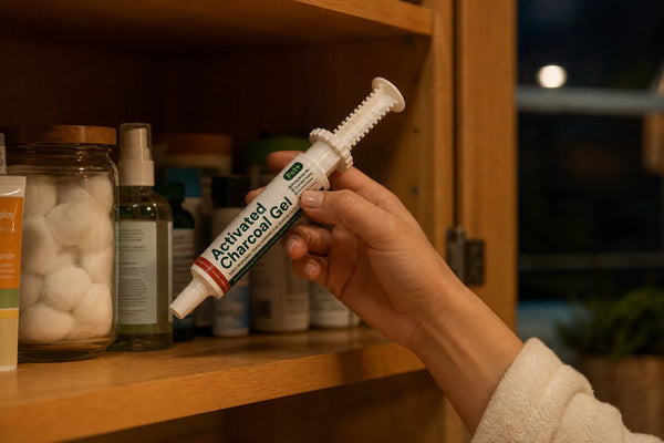 A hand reaching into a kitchen cabinet for the Pet+ Charcoal Gel