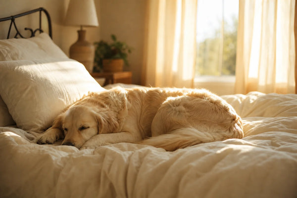A golden retriever sleeping peacefully on a sunlit bed